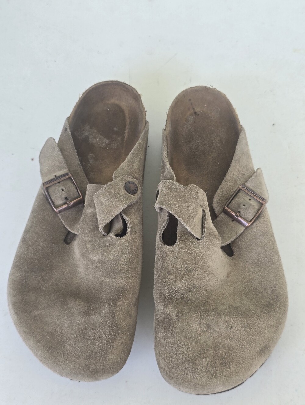 Birkenstock Boston Taupe Suede Leather Clogs Mules Adjustable Buckle Men Sz 10